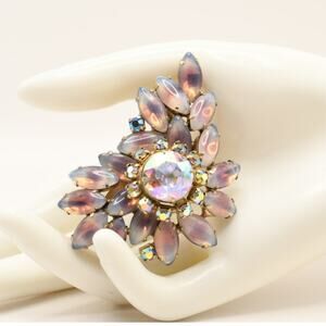 Vintage Pink Opalescent Glass AB Rhinestone Floral Spray Brooch Gold Tone
